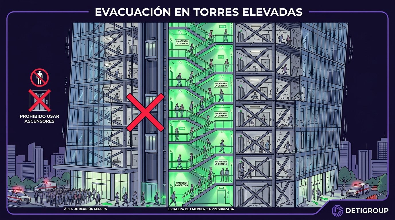 Evacuación segura en torres de oficinas de altura