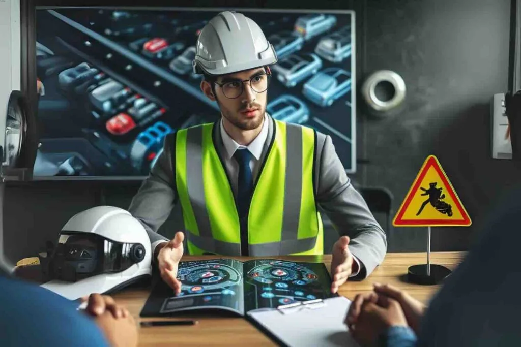 Consultor dando directrices a cliente en relacion con seguridad vial y seguridad y saud en el trabajo.
