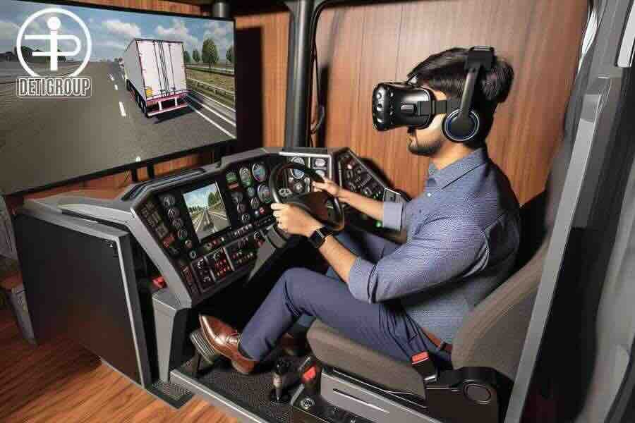 Persona en simulador de Realidad Virtual para conduccion y el PESV, imagen en plano izquierdo