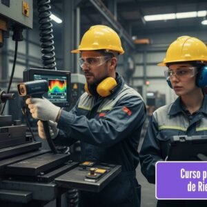 Una escena hiperrealista dentro de una gran sala de máquinas o área de producción industrial. Dos ingenieros o técnicos (hombres y mujeres, con cascos, gafas de seguridad y protectores auditivos) están usando equipo especializado para diagnosticar una máquina compleja (ej. una prensa industrial, una turbina). Uno está usando un analizador de vibraciones o una cámara termográfica en un componente de la máquina, mientras el otro revisa esquemas en un monitor portátil resistente. El ambiente es ruidoso pero controlado, con luces industriales y destellos de metal. El enfoque está en la tecnología de diagnóstico y la prevención de fallas mecánicas