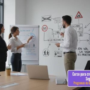 Una escena hiperrealista de una sesión de brainstorming o planificación en una sala de reuniones corporativa. Un equipo de tres a cuatro profesionales (hombres y mujeres, vestidos de negocios casual) está de pie frente a una pizarra o pantalla interactiva. En la pizarra, hay un mapa mental con ideas para una campaña de seguridad vial: íconos de cinturones de seguridad, límites de velocidad, peatones, y slogans clave. Uno de los miembros del equipo está señalando un gráfico con un marcador, mientras los otros discuten animadamente. La sala es moderna, con luz natural. Se busca transmitir creatividad, colaboración y el proceso de diseño de estrategias impactantes para la seguridad vial. Los textos de la pizarra son completamente legibles en español sin errores de ortografia.