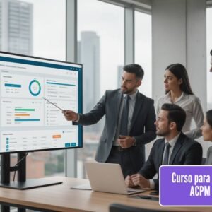 Una oficina corporativa moderna en Bogotá, Colombia, con un diseño abierto y limpio. Un grupo de tres profesionales (hombres y mujeres, vestidos de manera formal-ejecutiva) está reunido alrededor de una pantalla grande o un monitor principal. En la pantalla se visualiza una interfaz de SharePoint o una herramienta similar de gestión de proyectos, mostrando una matriz de acciones correctivas y preventivas con paneles y gráficas. Uno de los colaboradores, con un portátil abierto, está explicando algo mientras los otros dos asienten. El ambiente es colaborativo y tecnológico, con luz natural que entra por grandes ventanales y refleja rascacielos modernos en el exterior. Se busca transmitir eficiencia, innovación y gestión de procesos.