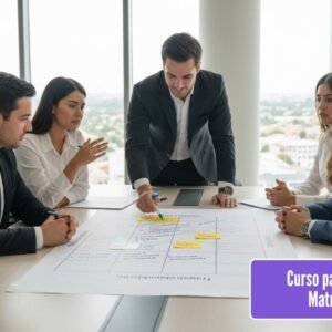 Una imagen hiperrealista de un grupo de 3-4 profesionales de seguridad vial y gestión de riesgos (hombres y mujeres) reunidos alrededor de una gran mesa de conferencias. En el centro de la mesa hay un papelógrafo o una pantalla táctil que muestra una matriz de identificación y valoración de riesgos viales (con ejes de probabilidad e impacto). Los profesionales están usando post-its o marcadores para categorizar y discutir diferentes escenarios de riesgo vial (ej. 'condiciones climáticas adversas', 'fatiga del conductor', 'estado de la vía'). El ambiente es de discusión activa y colaboración, con un enfoque en la toma de decisiones estratégicas. La luz es de sala de reuniones, clara y enfocada en la mesa. Los textos del papelografo o pantalla tactil son completamente legibles en español sin errores de ortografia.