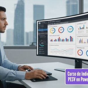 Un profesional (hombre o mujer, entre 30-45 años, vestido con camisa y corbata o blusa ejecutiva) está sentado frente a una estación de trabajo ergonómica en una oficina moderna. En su monitor principal se muestra un dashboard interactivo complejo y bien diseñado en Power BI o Looker Studio, lleno de gráficos, KPIs y medidores relacionados con seguridad y salud en el trabajo (SG-SST) y planes de seguridad vial (PESV). Las gráficas son vibrantes y claras, mostrando datos de rendimiento. El profesional está concentrado, quizás con un mouse en la mano, y detrás de él, una ventana con vistas a un paisaje urbano. La iluminación es de oficina, con un toque de luz de pantalla, transmitiendo análisis de datos, decisión y control.