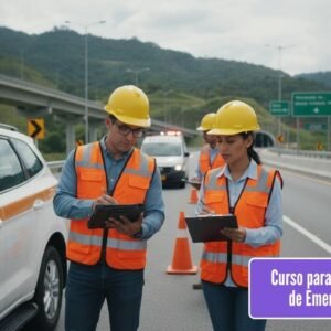 Una escena hiperrealista en una carretera colombiana moderna, con señales de tráfico claras y bien mantenidas. Un equipo de consultores o ingenieros (2-3 personas, hombres y mujeres, en chalecos reflectantes y cascos) está de pie junto a un vehículo de inspección. Uno de ellos señala un plano o mapa grande de la carretera en una tableta robusta, mientras otro toma notas en un portapapeles. A poca distancia, un vehículo de emergencia (ambulancia o patrulla de policía) está estacionado con las luces intermitentes. El fondo muestra una infraestructura vial bien diseñada (puente, túnel o curvas controladas). La iluminación es nítida y muestra el día, evocando planificación, prevención y respuesta