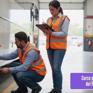 Una imagen hiperrealista mostrando a dos consultores o especialistas en seguridad vial (hombres y mujeres, en uniformes profesionales o chalecos de seguridad) realizando una inspección detallada. Uno está examinando el estado de los neumáticos de un vehículo de flota (camión o bus de transporte de personal) con un medidor de profundidad, mientras el otro está usando un portátil o una tablet para registrar datos, posiblemente revisando el historial de mantenimiento o el checklist del PESV. El vehículo está estacionado en una bahía de inspección o patio de una empresa de transporte. El fondo muestra un ambiente de mantenimiento. La iluminación es práctica y funcional, enfocada en la meticulosidad y el detalle del diagnóstico