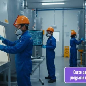 Una imagen hiperrealista en un laboratorio o planta de producción industrial de Colombia. Tres técnicos o ingenieros, con overoles blancos o azules, mascarillas de protección facial y guantes de nitrilo, están monitoreando un sistema de tanques de almacenamiento con etiquetas de riesgo químico (NFPA 704 o GHS). Uno de ellos está tomando una muestra de un contenedor bajo una campana de extracción, mientras otro revisa un monitor de control con gráficos. El ambiente es limpio y organizado, con tuberías y equipos de seguridad visibles (duchas de emergencia, lavaojos). La luz es brillante y clara, destacando la seriedad y el control de los procesos. Se busca un sentido de precaución y gestión rigurosa