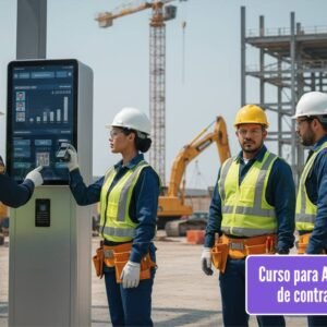 Una imagen hiperrealista que muestra una escena en la entrada de una gran obra de construcción o instalación industrial. Dos guardias de seguridad o administradores de obra (hombres y mujeres) están utilizando un sistema digital (tablet o pantalla táctil) para registrar el ingreso de un grupo de contratistas. Los contratistas, con cascos, chalecos reflectantes y herramientas, están escaneando códigos QR o huellas dactilares. En el fondo, hay maquinaria pesada y la construcción en progreso. La imagen debe resaltar la digitalización y el control de acceso, con un ambiente de trabajo seguro y organizado, transmitiendo eficiencia en la gestión de personas y riesgos