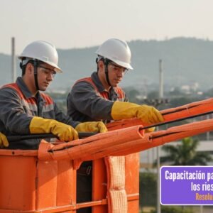 Un primer plano hiperrealista de dos o tres colaboradores masculinos y femeninos, ingenieros eléctricos o técnicos de energía, realizando mantenimiento en una línea de media tensión de 13kV. Están ubicados en una cesta elevada, de color amarillo o naranja brillante, parte de un vehículo de trabajo eléctrico con brazo hidráulico. Los colaboradores usan equipo de protección personal completo: cascos de seguridad blancos o amarillos, gafas de seguridad transparentes, guantes dieléctricos de alta tensión y overoles de trabajo resistentes. Están aplicando forros aislantes naranjas (mangas y cobertores) para cubrir y aislar las líneas energizadas. El enfoque está en la precisión de los detalles del PPE y la tarea, con un fondo ligeramente desenfocado de un entorno urbano industrial o rural de Colombia, al atardecer o con luz diurna clara. La imagen debe transmitir seguridad, profesionalismo y capacitación