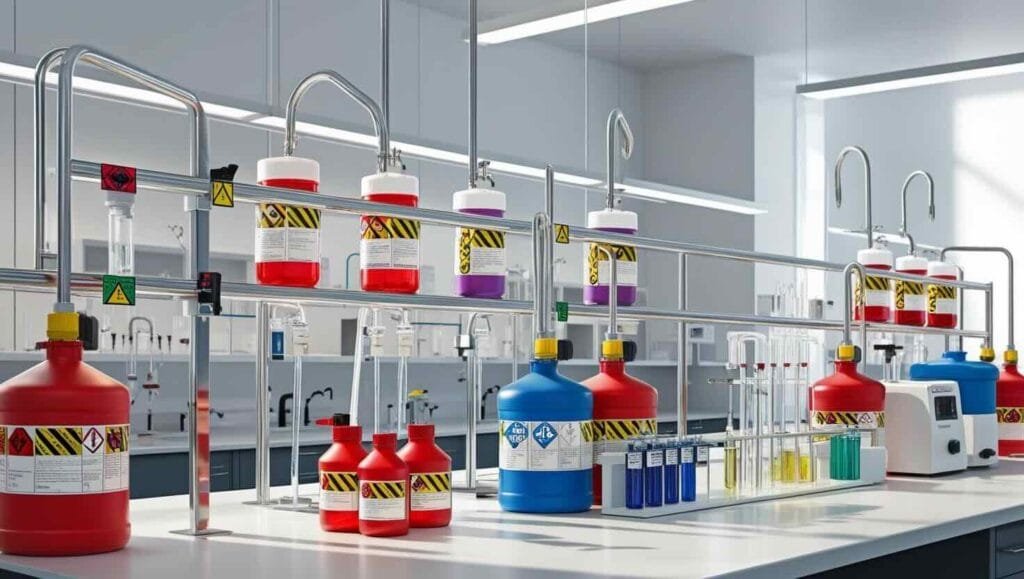 Una imagen de un laboratorio con etiquetas de seguridad en los químicos.