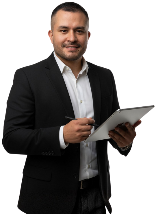 Imagen principal de la pagina de inicio, muestra Roman con un Ipad inspirando el uso de la tecnologia en los procesos empresariales.