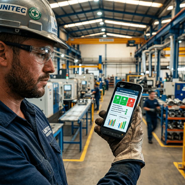 Trabajador de logística usando tecnología móvil avanzada para SST